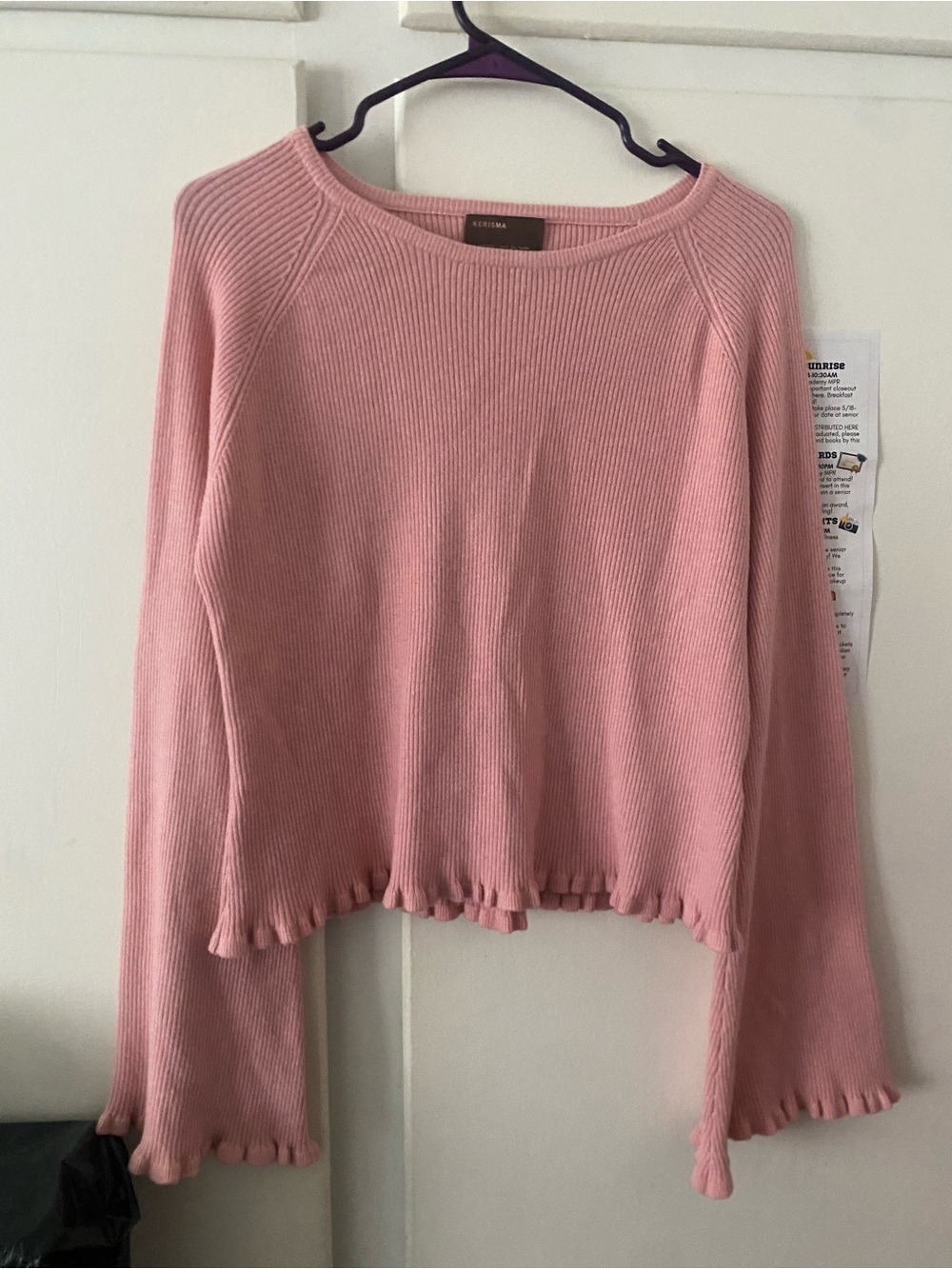 Kerisma Pink Ribbed Ruffle-Hem Long Sleeve Top